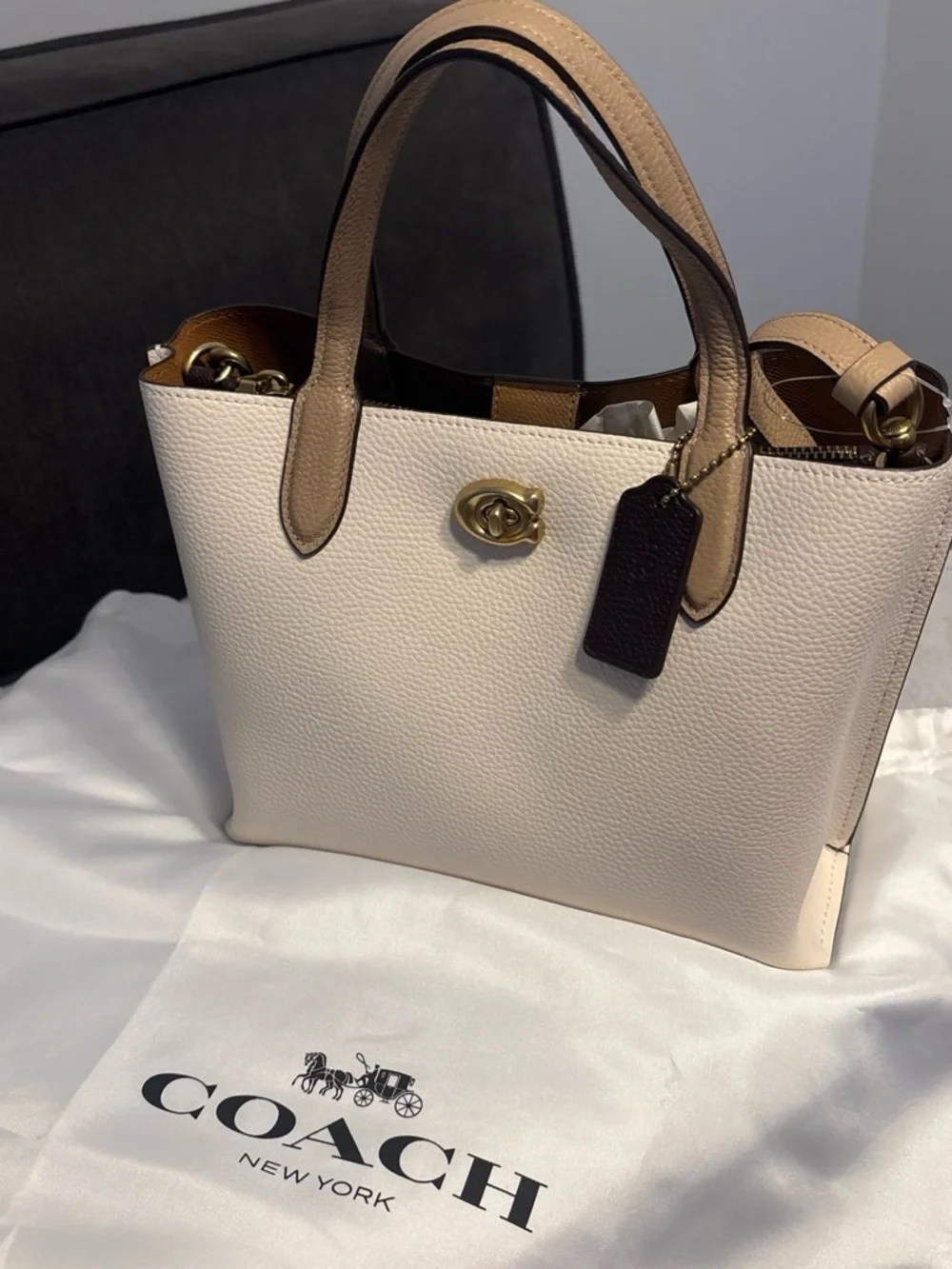 Coach Pebbled Leather Satchel in Chalk and Tan Trim